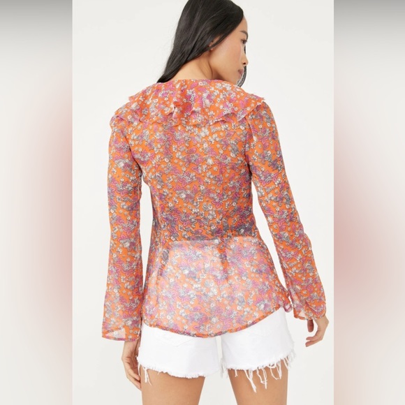 NWT Free People /Nina Sheer Floral Ruffle Blouse Long sleeve - Picture 4 of 10